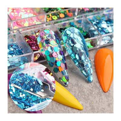 12 Grid Nail Mermaid Glitter Hexagon Chameleon Sparkle Spang