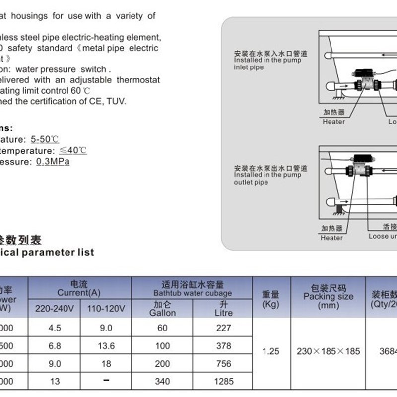 LX spa heater H20-RSI 2KW with an adjustable thermostat for