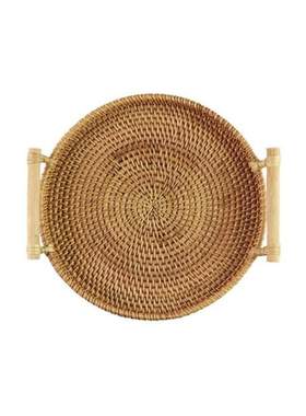Round Rattan orage Tray Basket with Handle Hand-Woven Brea