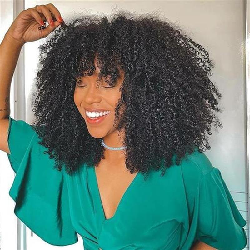 Mongolian Afro Kinky Curly Human Hair Wigs with Bangs Short