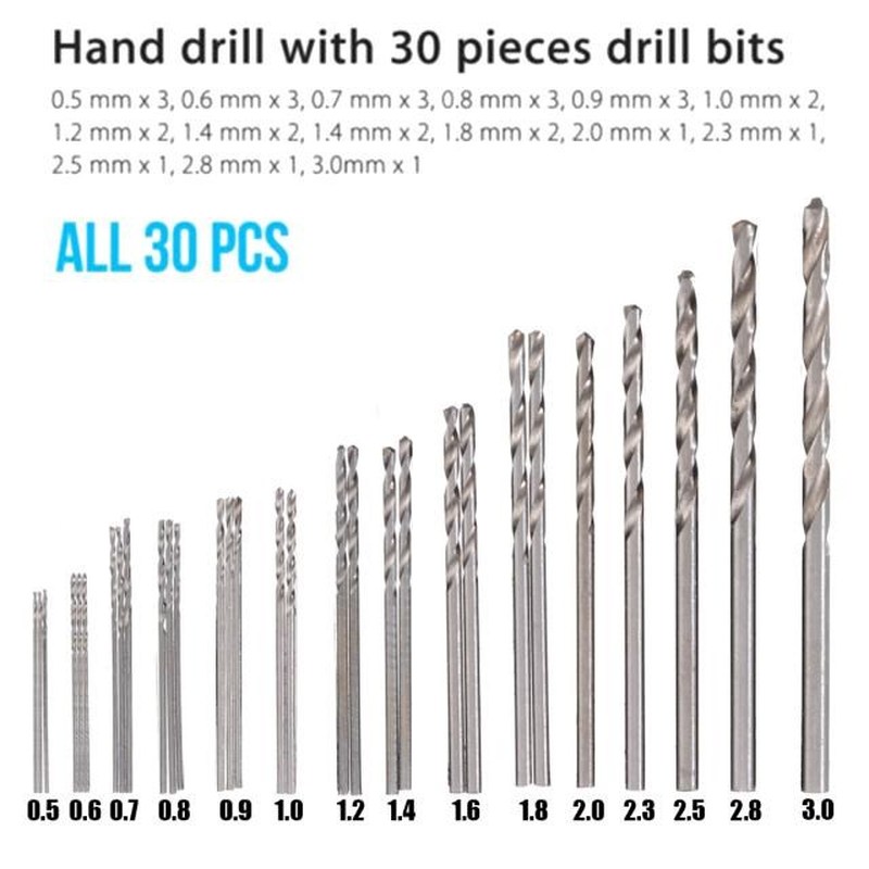 31pcs 0.5mm-3mm Hand Twist Drill Bits Set DIY Precision Hand