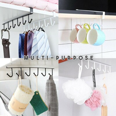 Kitchen Storage Rack Cupboard 6 Hooks Under Cabinet Hanger