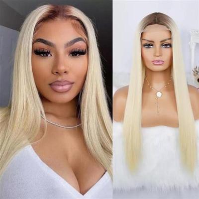 613 Long Straight Blonde Brown Roots Wig Halloween Synthetic