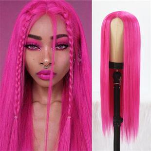 Hot Pink Synthetic Lace Wigs Long Silk Straight Wig with Mid