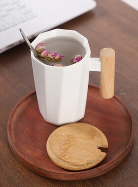 380ml Wood Handle Ceramic Coffee Mug Creative Polygonal Offi