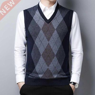 Classic Diamond Plaid Sweater Fashion Vest Middle-aged Pullo
