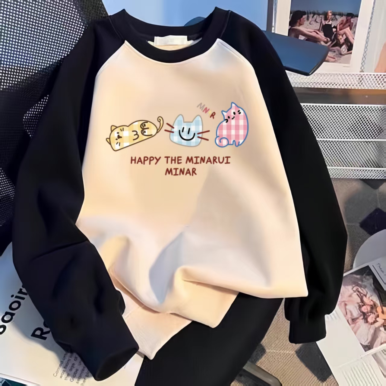 新款纯棉插肩慵懒风长袖上衣女童美式撞色圆领无帽卫衣中大童卫衣