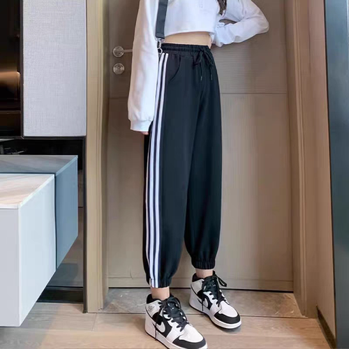 女童美式运动裤秋冬新款条纹裤子中大童宽松加绒束脚阔腿卫裤