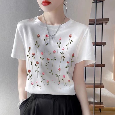 1248夏滑缎面冰凉感百搭时尚印花休闲女半袖T恤洋气AB拼接短袖