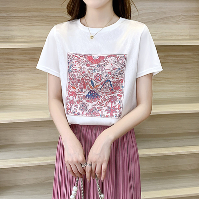 1443夏季时尚圆领短袖女显瘦气质百搭显瘦缎面拼接短袖
