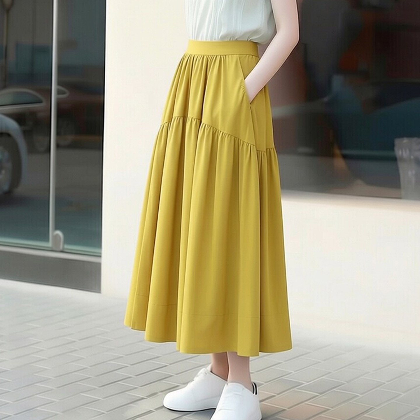 黄色半身裙女2026新款口袋白色大码胖mm裙子高级感蛋糕裙拼接长裙