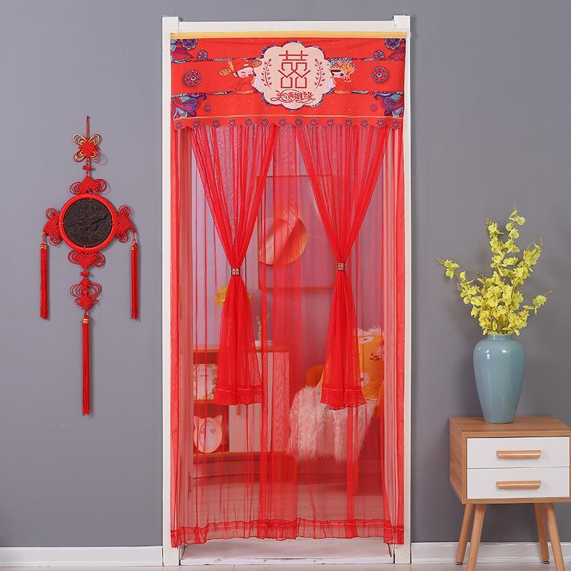 蕾丝防蚊家用卧室结婚喜庆大红免打孔门帘魔术贴安装双层纱可定制