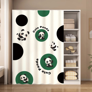 熊猫无门衣柜遮挡帘开放式衣橱铁架子防尘布帘柜子免打孔拉帘滑轨