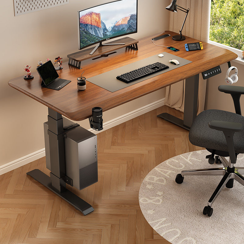 实木电动升降桌电脑桌家用卧室台式电竞桌子办公书桌可升降工作台