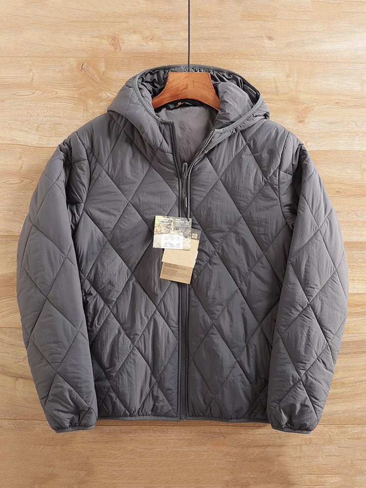 BOZZ BURY~日系 绗缝工艺！菱形格棉衣外套男秋冬季保暖连帽棉服