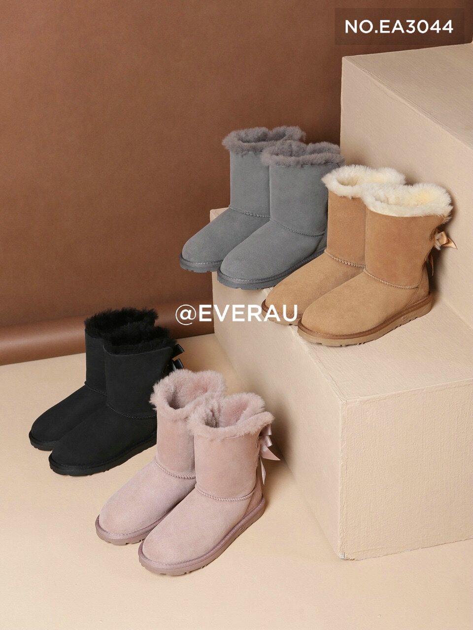 EA3044 everau女鞋中筒羊毛雪地靴双蝴蝶结皮毛一体