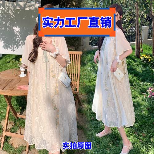 揭阳睡衣可外孕妇装夏装洋气雪纺短袖上衣夏季刺绣时髦汉服睡裙大