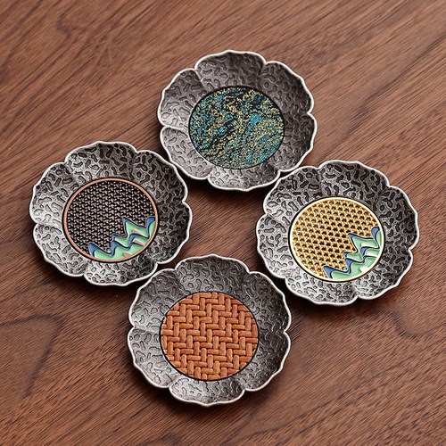 合金仿古银茶杯垫竹席隔热垫