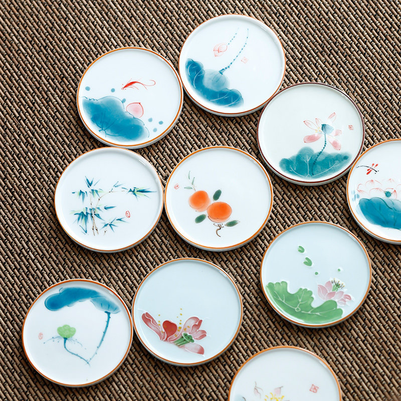 中式手绘釉下彩陶瓷杯垫茶托茶杯垫隔热防烫功夫茶道零配茶道配件,餐饮具,茶托,淘宝优惠券,粉丝福利购,淘宝优惠卷