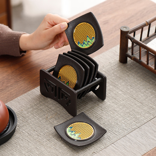 电木翘边万里江山杯垫珐琅彩隔热茶杯托方形茶碟六个组合带收纳架