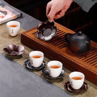 仿古银合金杯垫红铜色隔热茶杯托中式功夫茶具防滑垫茶桌收纳茶碟