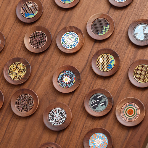 中式胡桃木茶杯垫珐琅彩隔热杯托