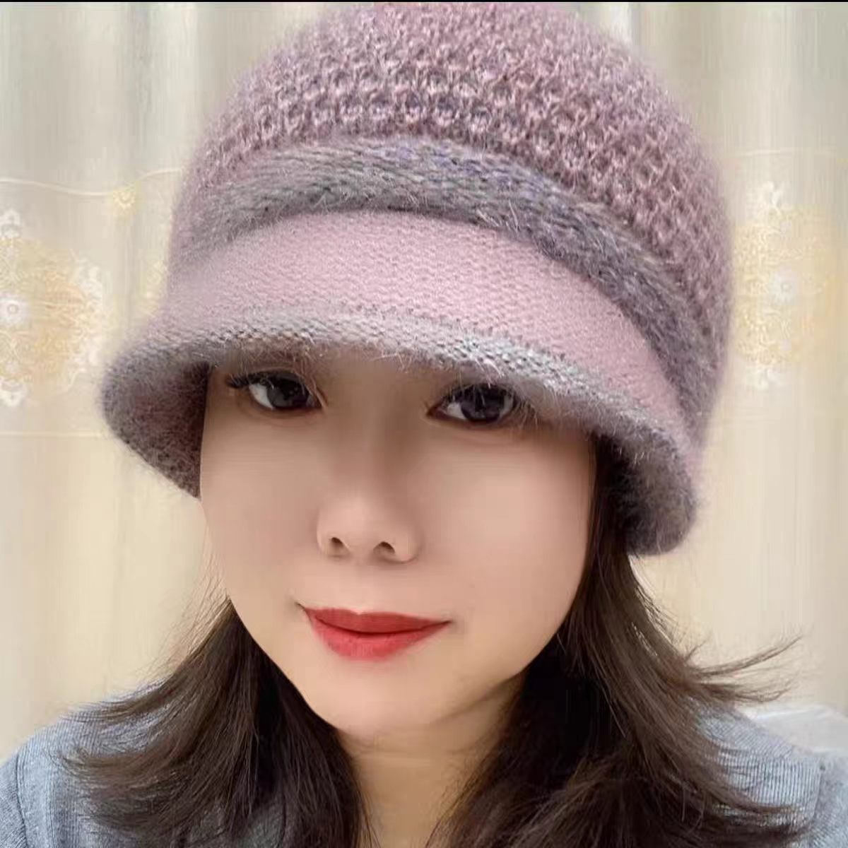 冬季妈妈帽松鼠绒帽檐双层加厚彩线护耳帽女士包头针织保暖防风帽