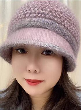 冬季妈妈帽松鼠绒帽檐双层加厚彩线护耳帽女士包头针织保暖防风帽