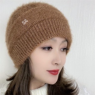 松鼠绒双层针织时尚百搭冬季堆堆帽女士编织韩版保暖帽秋冬帽子女