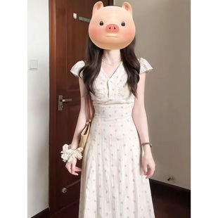 韩系碎花小清新夏季 长裙通勤 连衣裙女法式 收腰气质甜美V领小飞袖