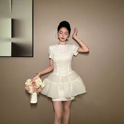 法式复古设计感蓬蓬裙连衣裙女夏季新款气质小众甜美显瘦条纹裙子