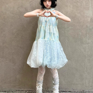 新款 绝美小个子仙女高级感显瘦浅蓝不规则拼接挂脖连衣裙子女夏季