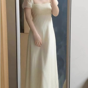绝美漂亮仙女长裙高级感显瘦独特漂亮白色方领连衣裙子女夏季 法式