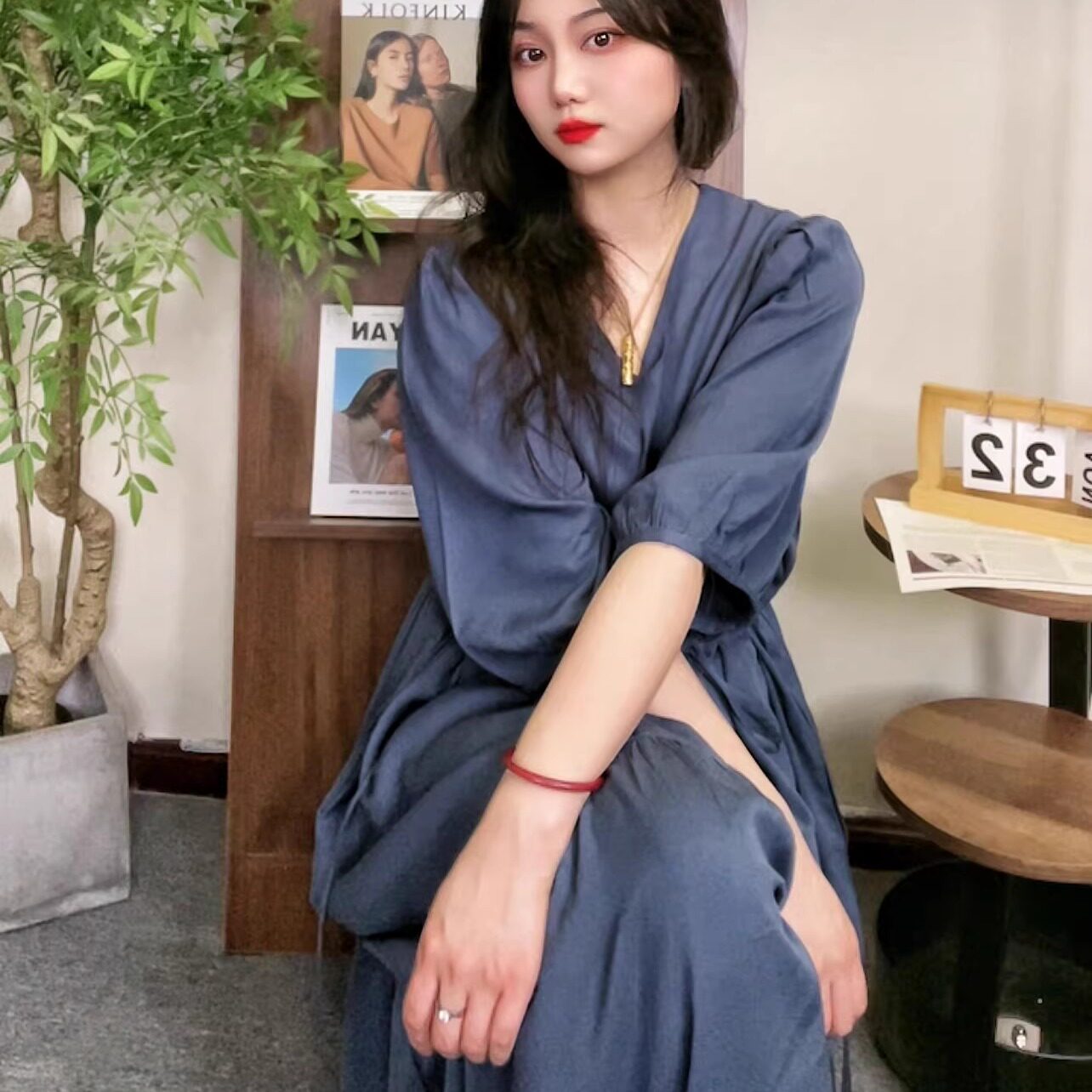 （纯色连衣裙）纯色中袖女春夏中式国风宽松休闲显瘦遮胖连衣裙