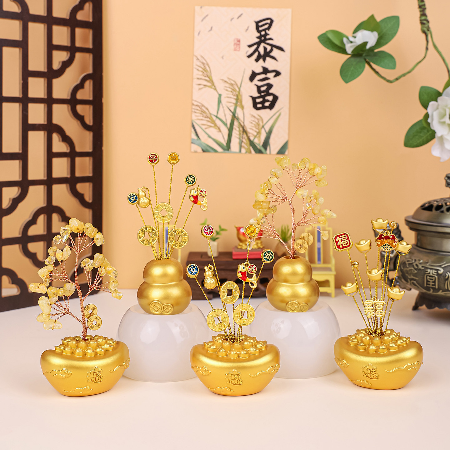 招财聚宝盆发财树摆件高档马年吉祥装饰品创意办公室桌面摆件礼物