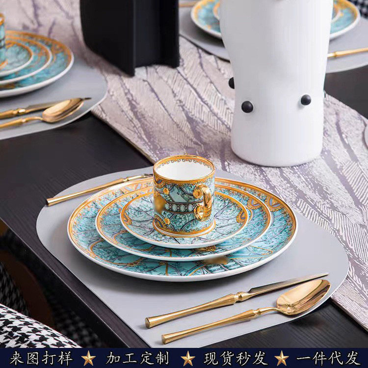 欧式轻奢美杜莎宫廷风骨瓷金边餐盘西餐盘咖啡杯碟套装奢华咖啡杯