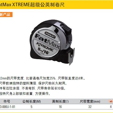 STANLEY/史丹利FatMax XTREME超级公英制卷尺5米33-886U-1-81进口