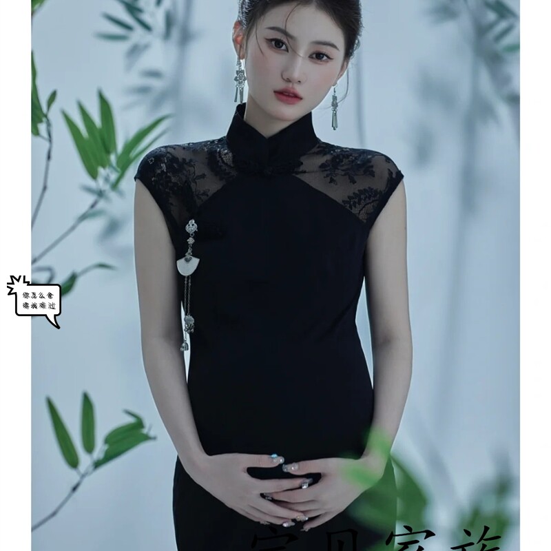 新款影楼孕妇拍照服装孕期妈咪照复古旗袍黑色艺术拍照写真连体裙