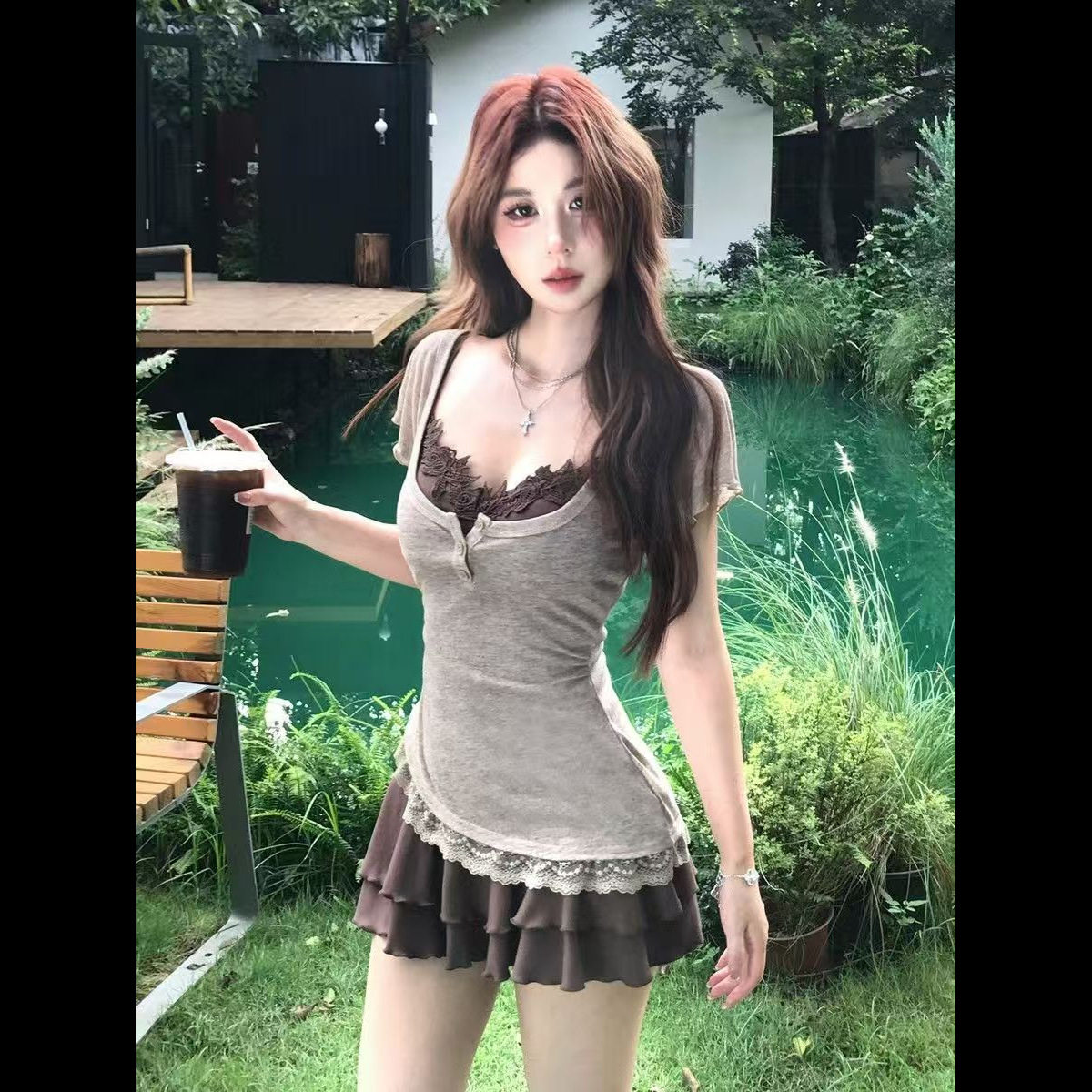夏季小个子显瘦掐腰短袖T恤罩衫配短裙套装