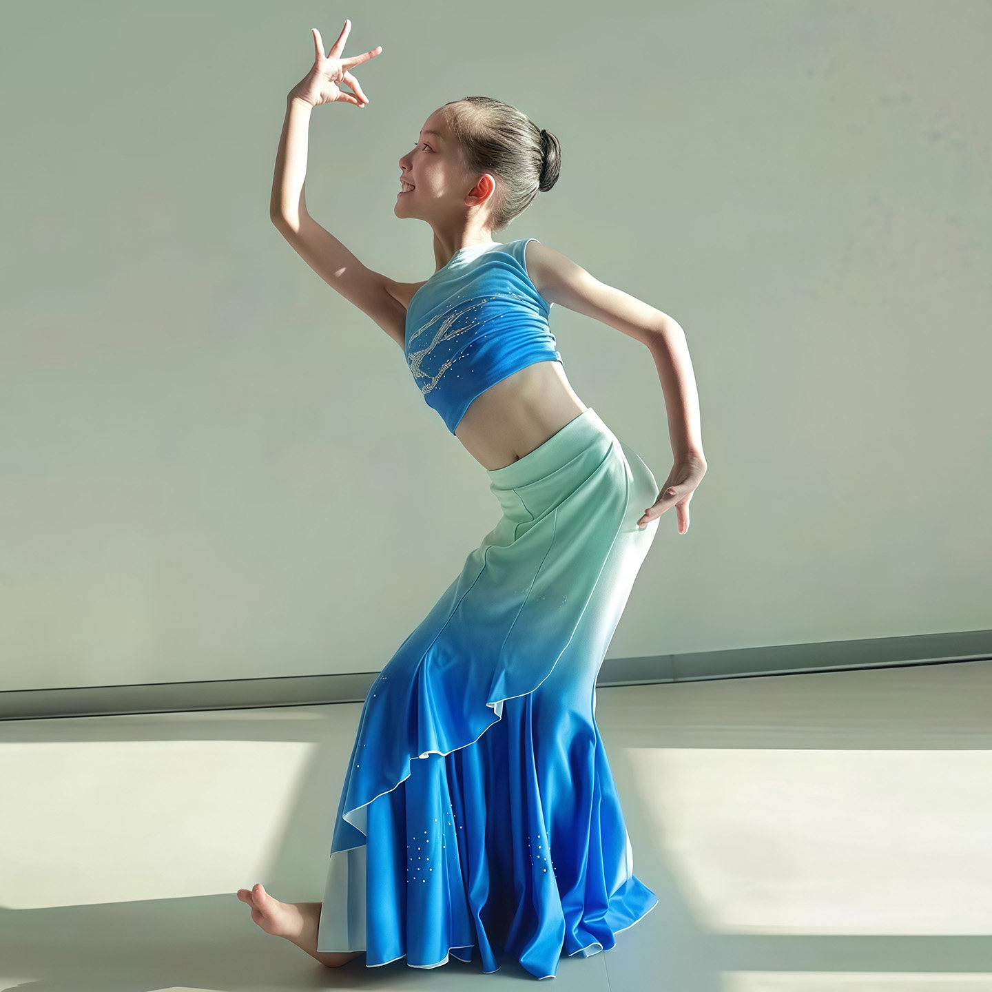 儿童傣族舞蹈服新款女童比赛演出服学生艺考孔雀舞鱼尾裙练功服装