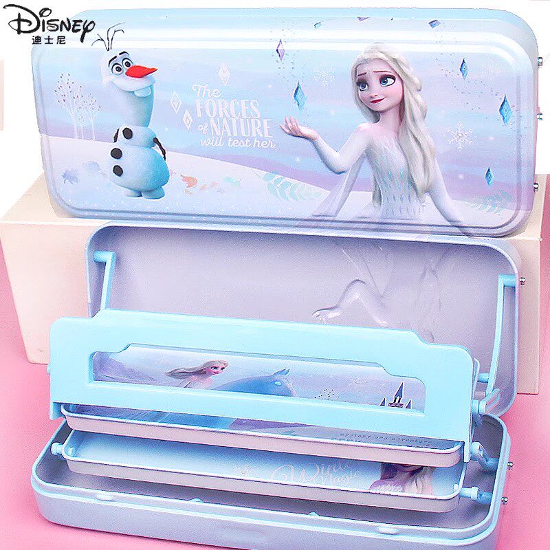 Disney迪士尼铁笔盒文具盒三层马口铁带看书架冰雪奇缘爱莎小学生铅笔盒