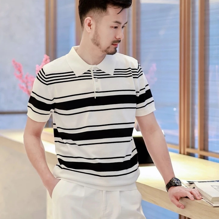 夏季高级感冰丝透气休闲条纹针织老钱风polo衫男款翻领短袖t恤男