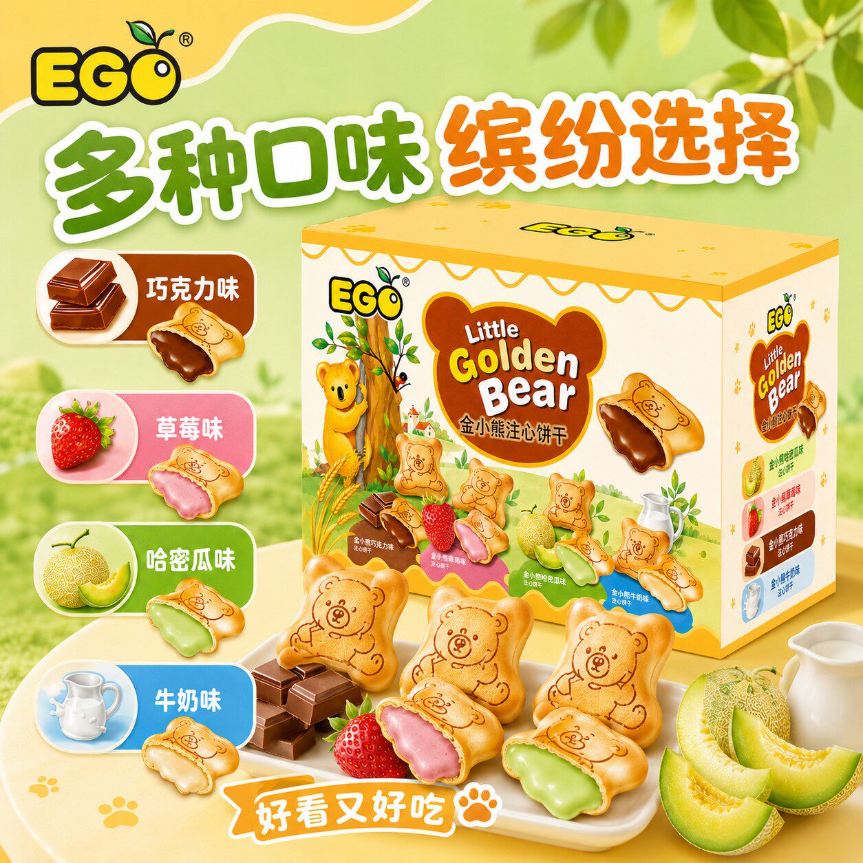马来西亚进口EGO小熊饼干注心多口味盒装学生宿舍追剧零食388g