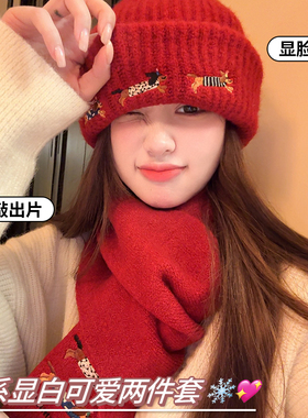 大头大脸针织毛线帽子围巾一体女冬季加绒加厚保暖护耳冷帽显脸小