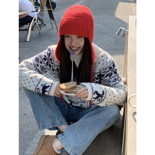 红色兔毛针织帽女秋冬百搭显脸小保暖护耳系绳大头围毛线雷锋帽子