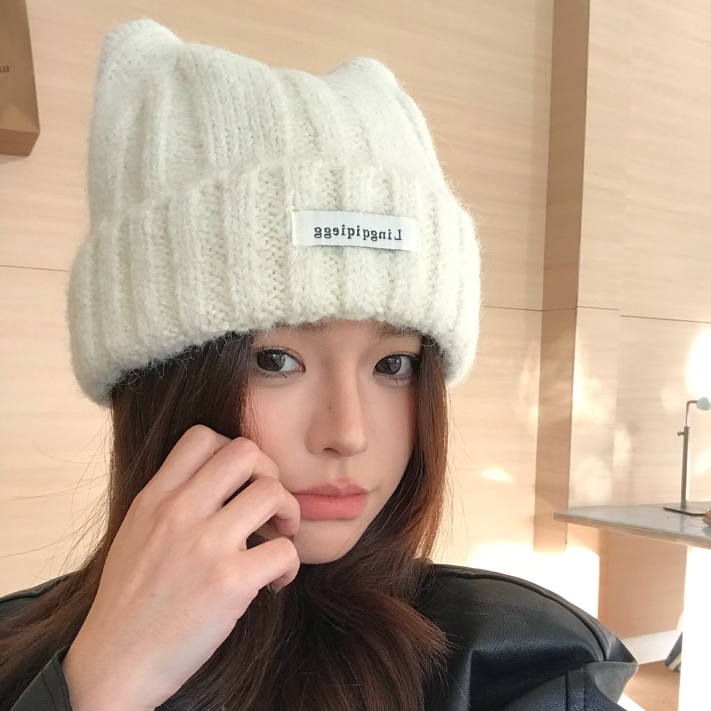 猫耳朵帽子保暖护耳显脸小针织帽