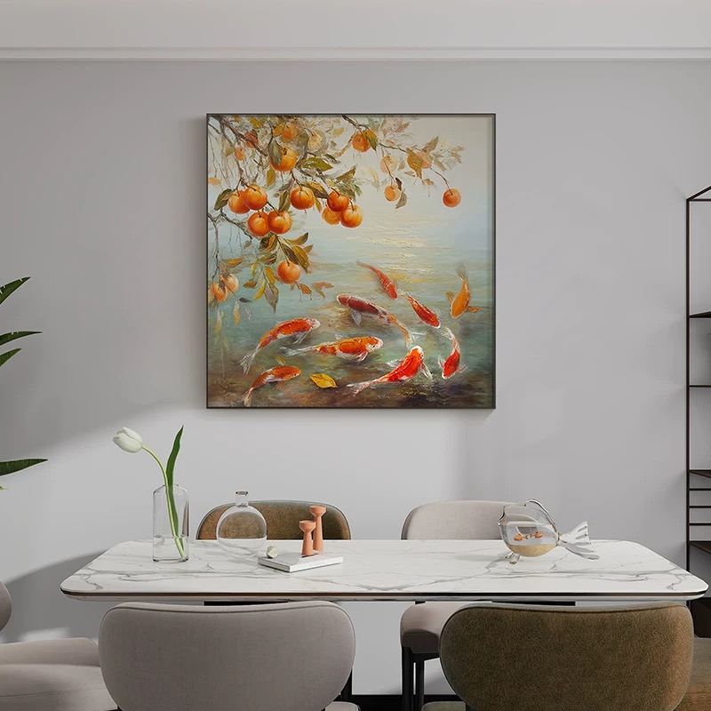 《事事如意》手绘油画柿子九鱼图餐厅装饰画入户对门玄关茶室挂画