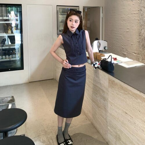 夏季高级感上衣财阀千金女装花边套装无袖衬衫背心包臀半身裙套装