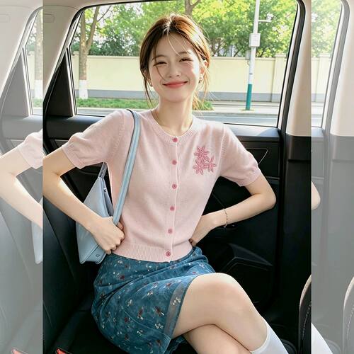 漂亮刺绣针织开衫女夏小个子精致设计感减龄洋气粉色短袖t恤上衣