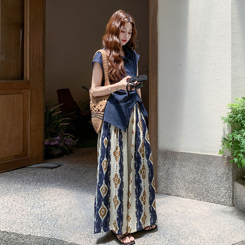 藏青色套装女2026夏季新款民族风松弛感系带衬衫印花阔腿裤两件套